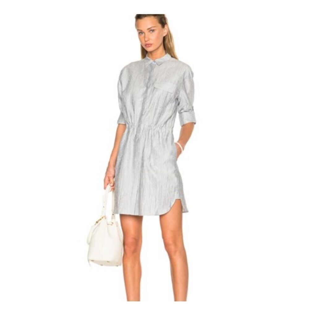 ATM Linen Blend Stripes Cinch Waist Roll Tab Sleeves Shirt Dress M